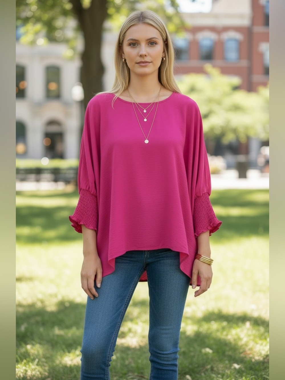 NWT Ninety Clothing Co Hot Pink Blouse | Smocked Sleeve Top | S & M